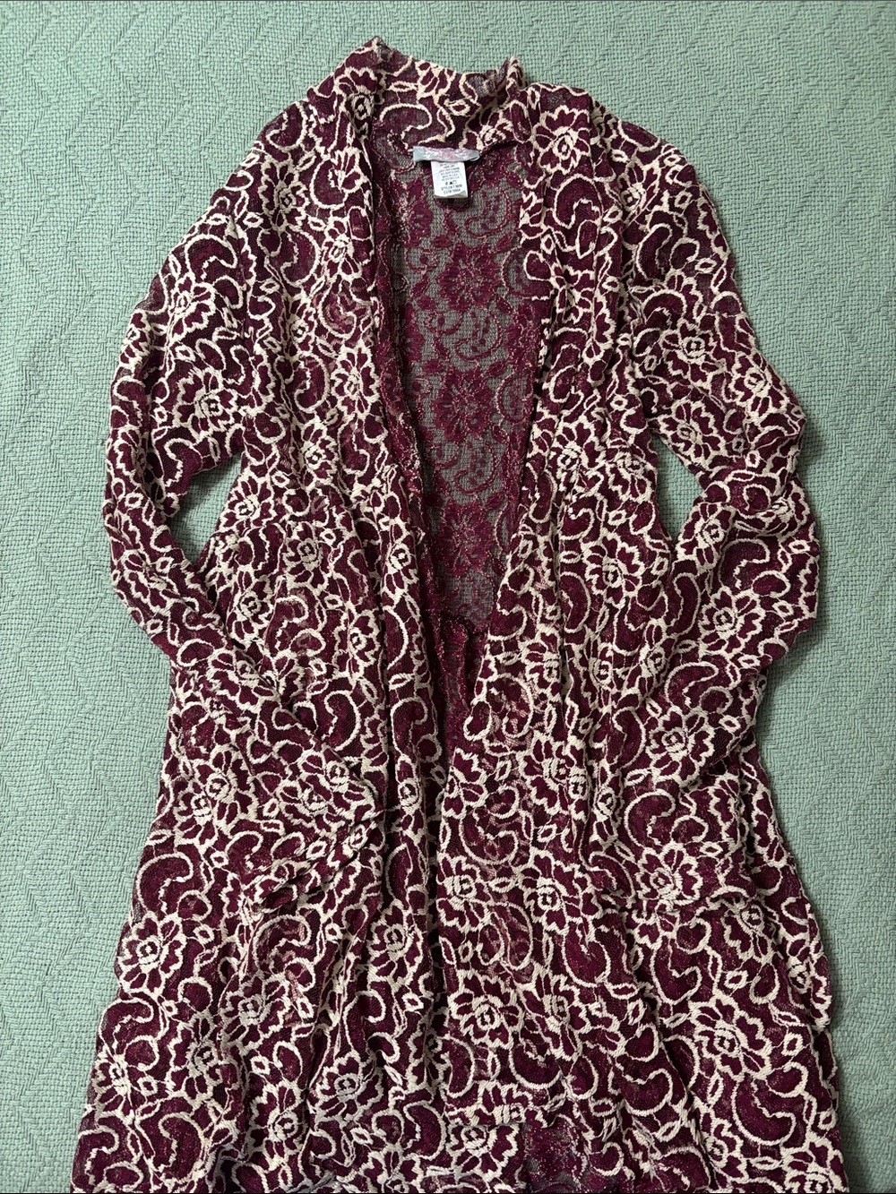 Open-Front Floral Lace Cardigan Sweater in Burgundy and Cream